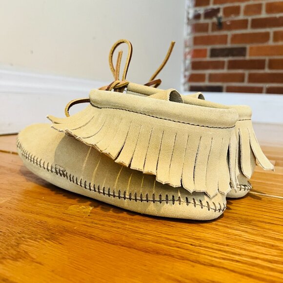 Vintage Womens 287 Minnetonka Fringe Leather Ankle Moccasin Tan Suede Size 8.5 - Picture 5 of 16
